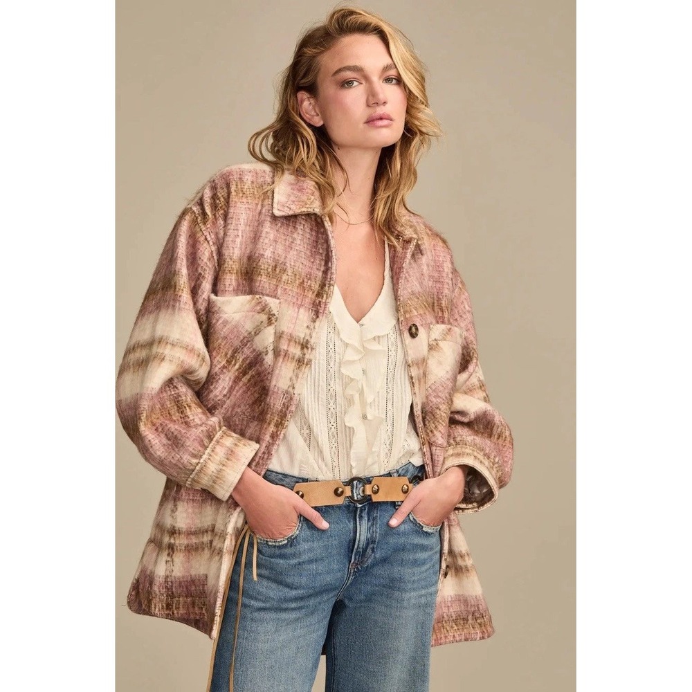 Lucky Brand Pink Brown Plaid Shacket Button Front Jacket L Oversized Lined NEW - Picture 3 of 10
